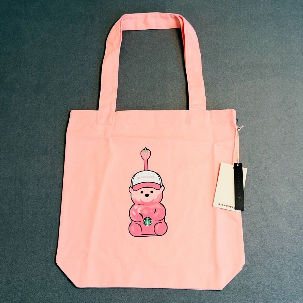 Starbucks Pink Strawberry Bear Bearista Canvas Tote Bag Limited RARE